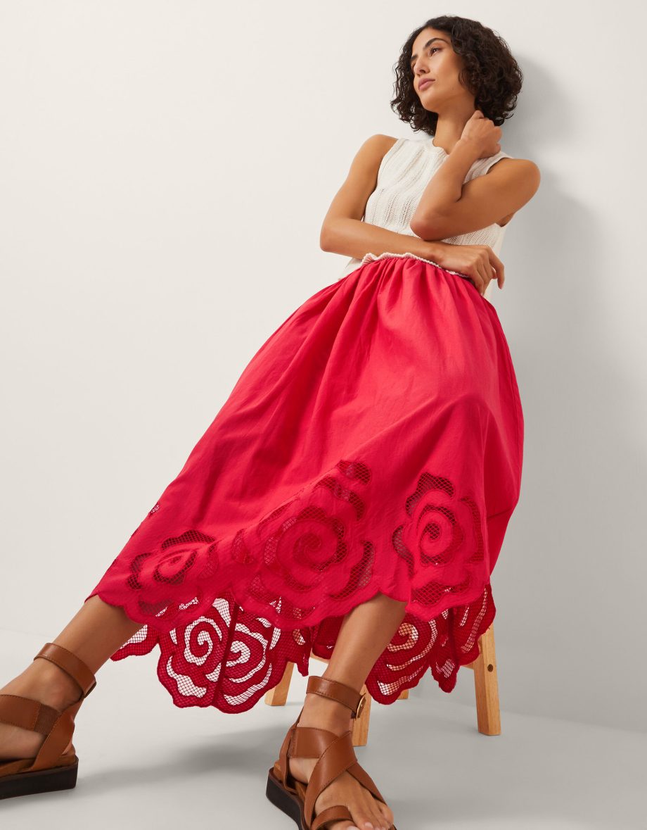 Grace cutwork midi skirt red