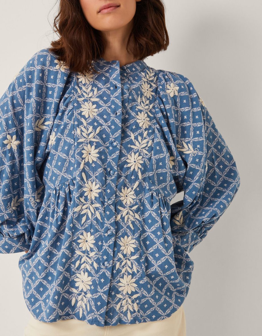 Deniz print embroidered shirt blue