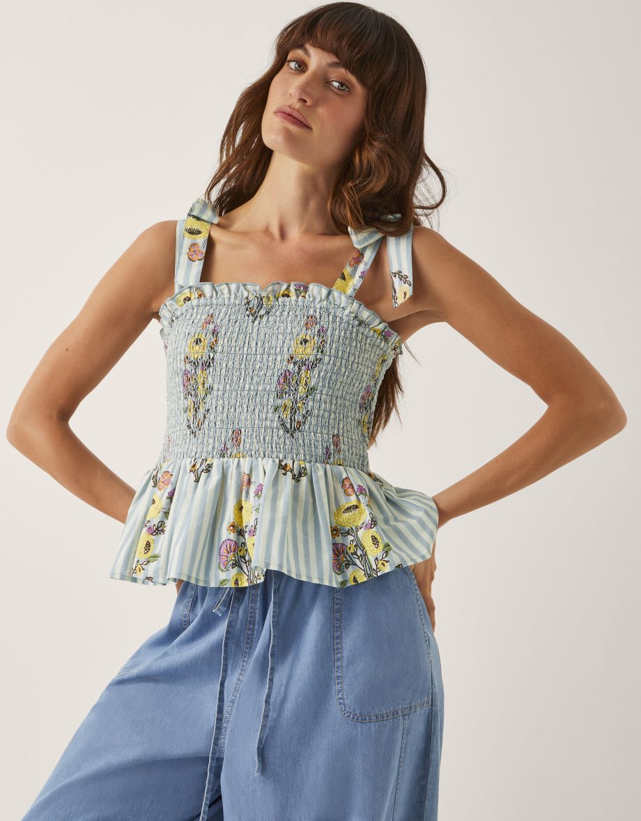 Lucille floral stripe smocked top blue