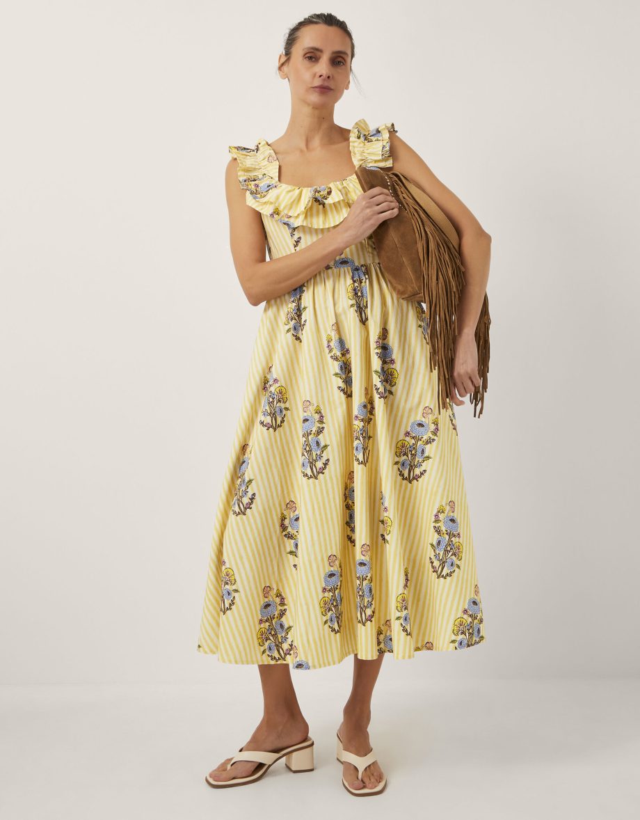 Maria Frill Floral Stripe Midi Dress Camel