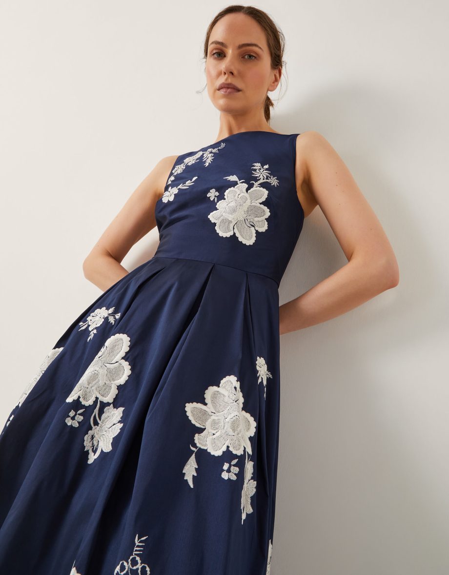Sicily Embroidered Fit & Flare Midi Dress Blue