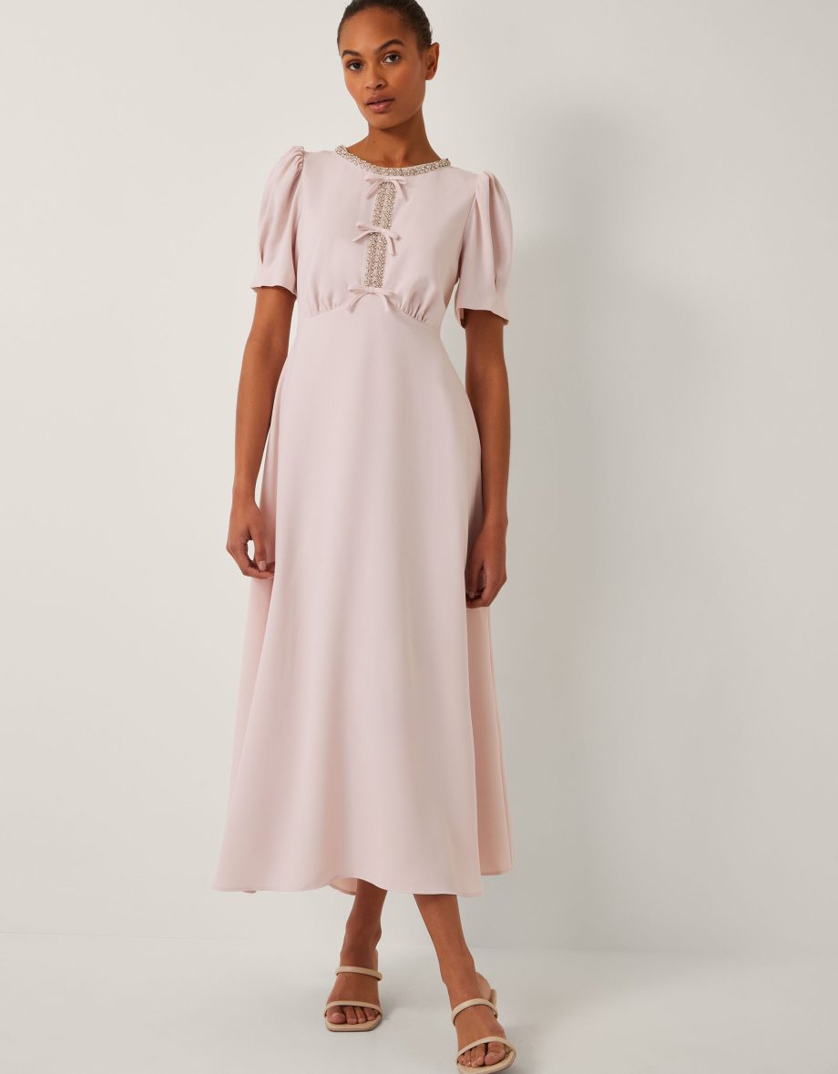 Bonnie Bow Puff Sleeve Midi Dress Pink