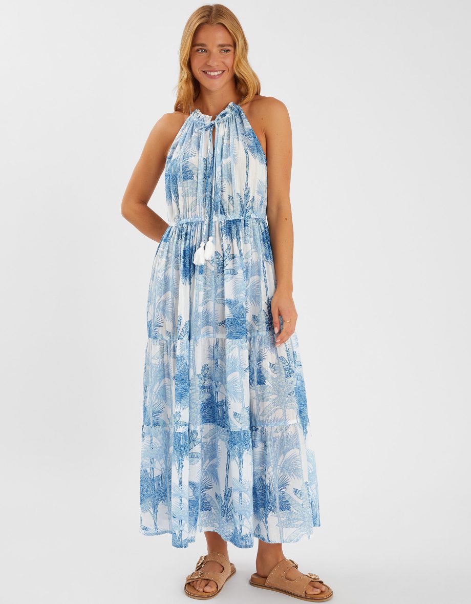 PALM PRINT MAXI DRESS WHITE