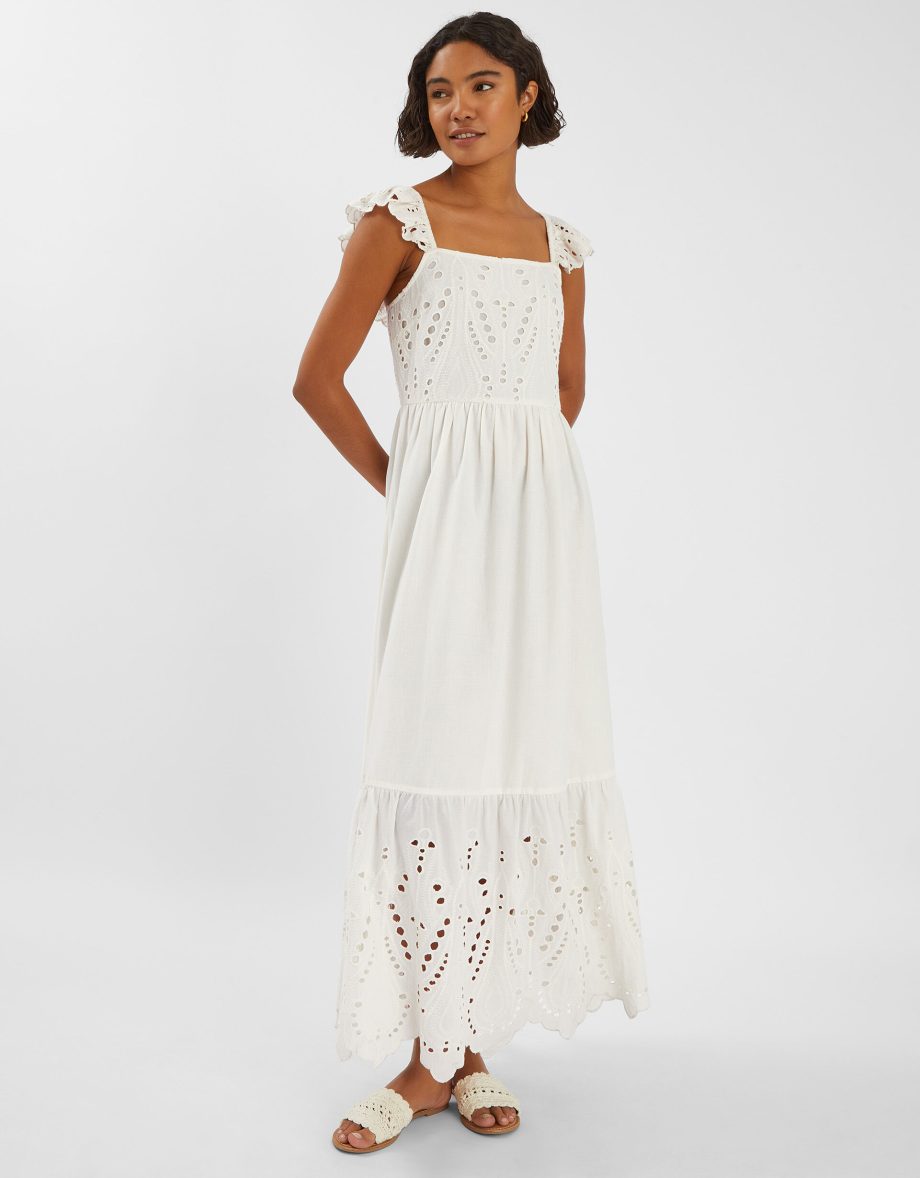 Sleeveless Frilly Broderie Maxi Dress Ivory
