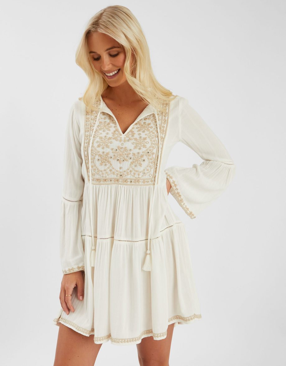 Embroidered Flute-Sleeve Mini Dress Ivory