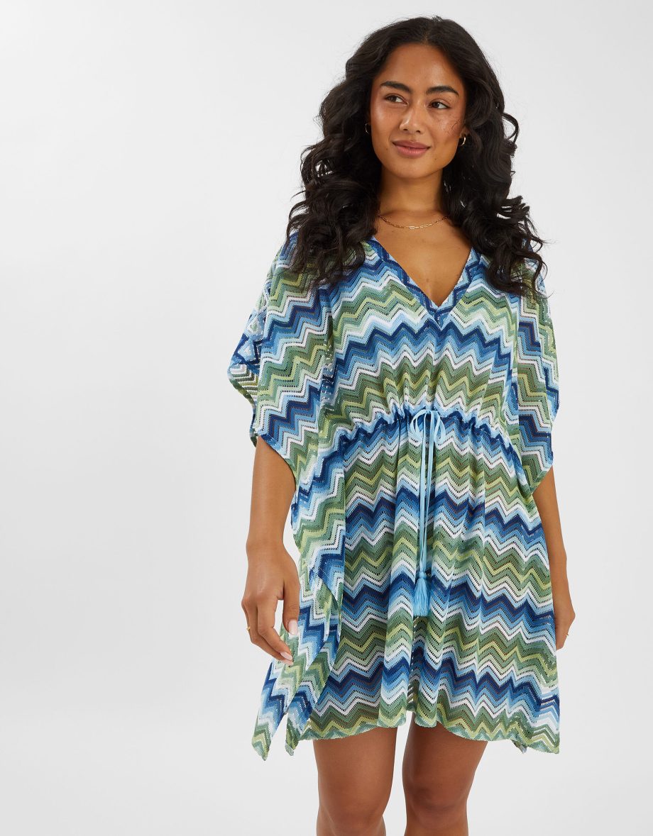 Zig Zag Crochet Mini Kaftan Blue