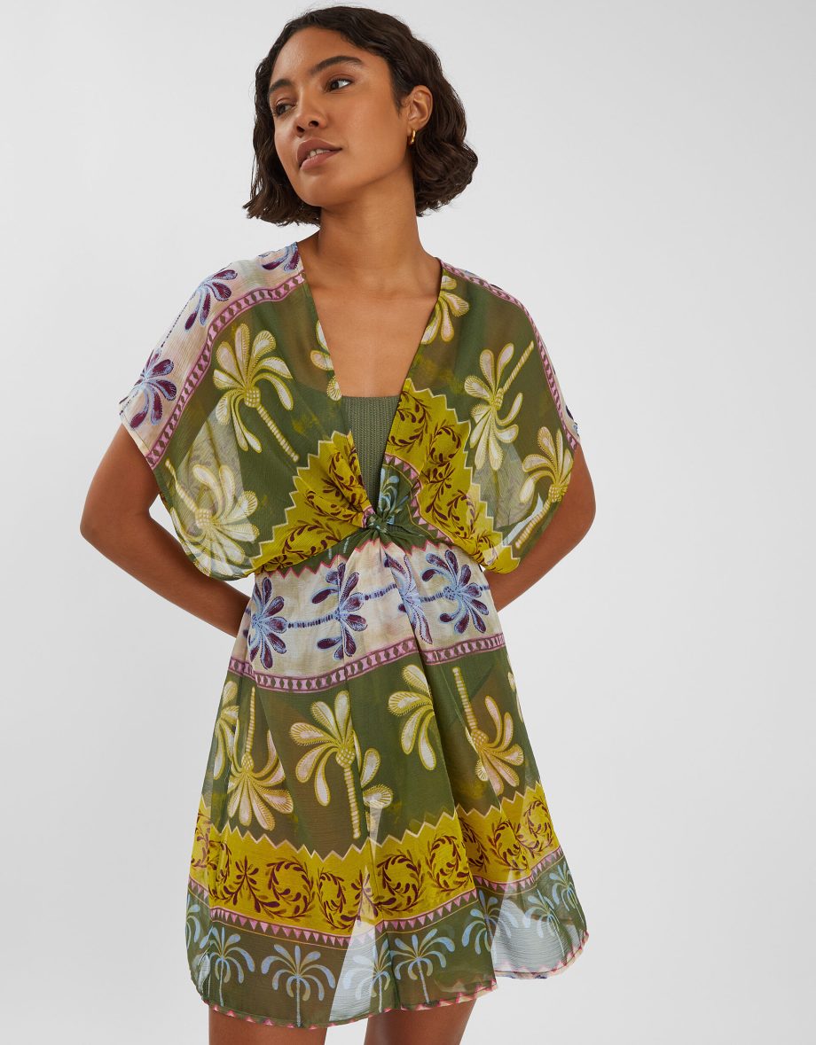 Palm Print Mini Kaftan Dress Green