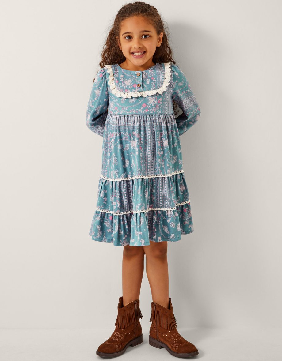 Paisley lace tiered dress blue