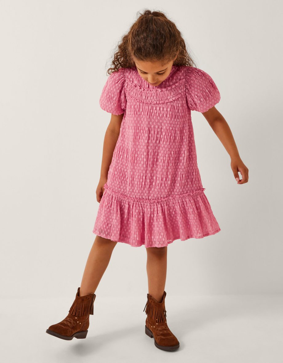 Polka dot textured puff sleeve dress pink