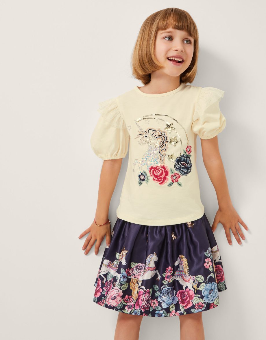 Floral Horse Print Satin Skirt Blue
