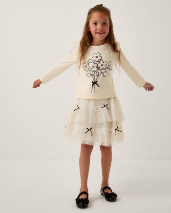 Floral sequin top & bow mesh skirt set ivory