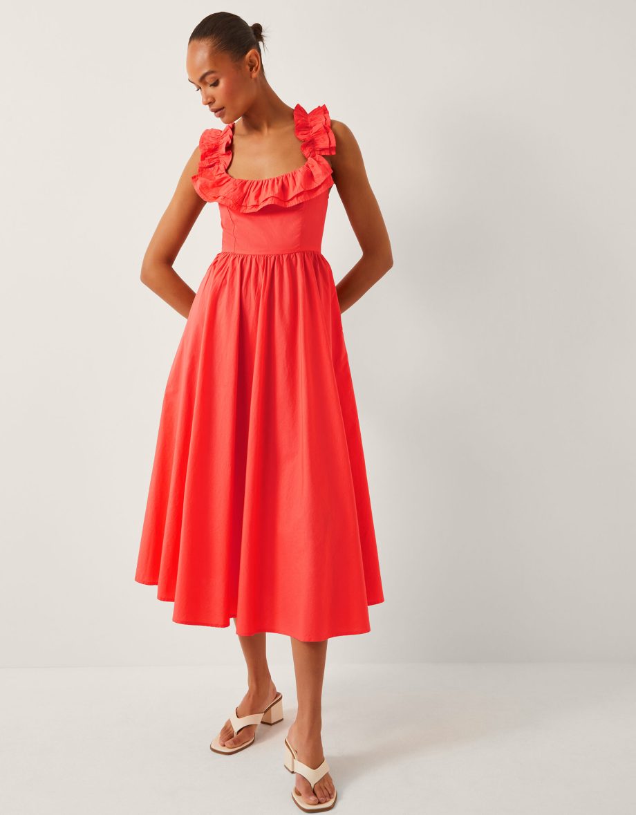 Maria sleeveless ruffle midi dress orange