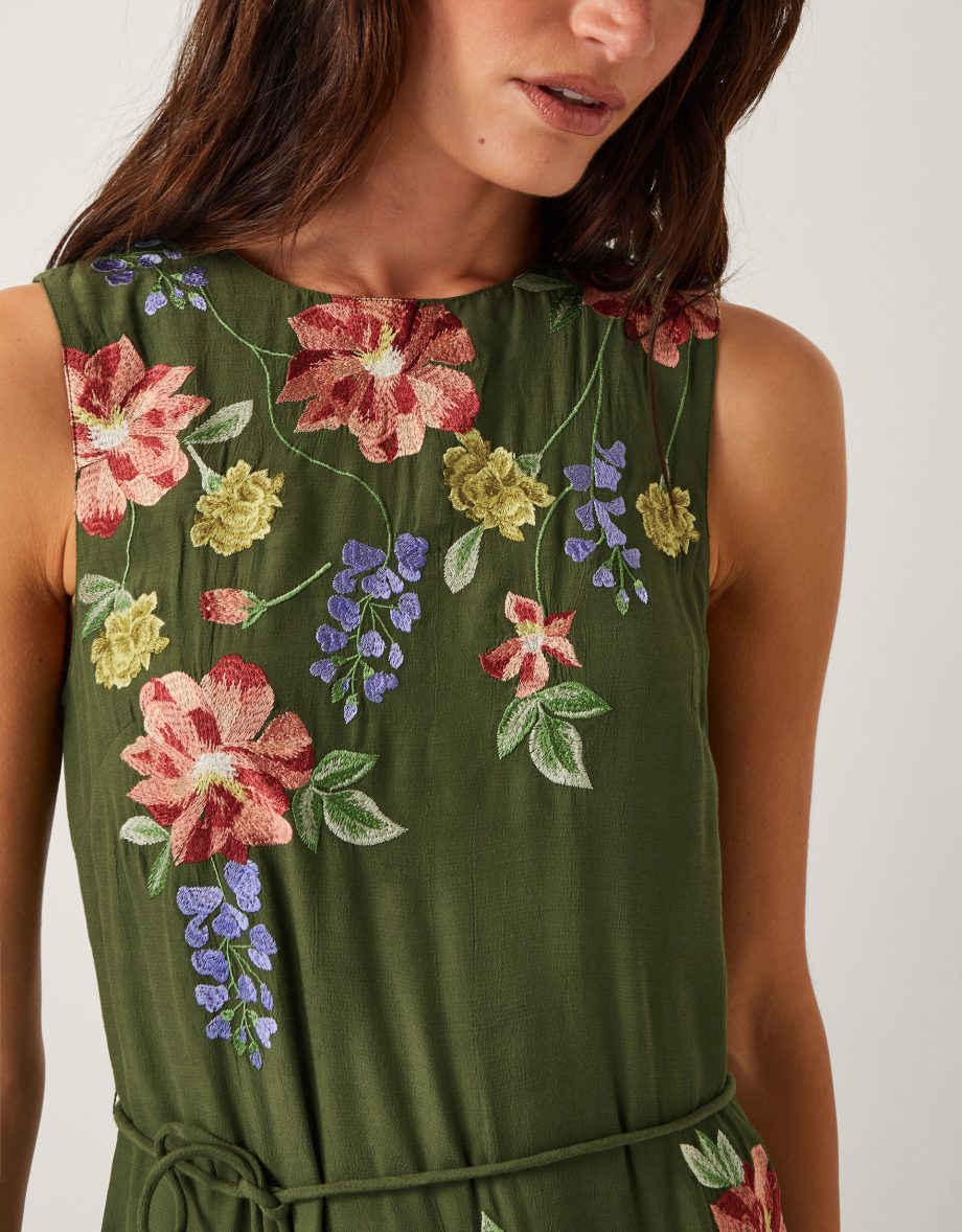Odelle Floral Embroidered Midi Dress Green
