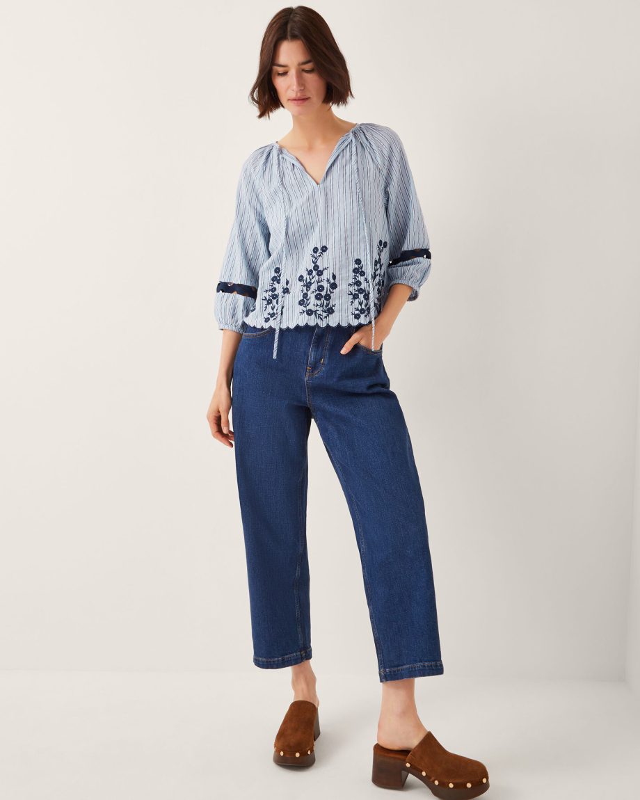 Cara Embroidered Stripe Blouse Blue