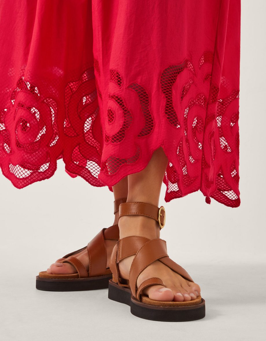 Grace cutwork midi skirt red