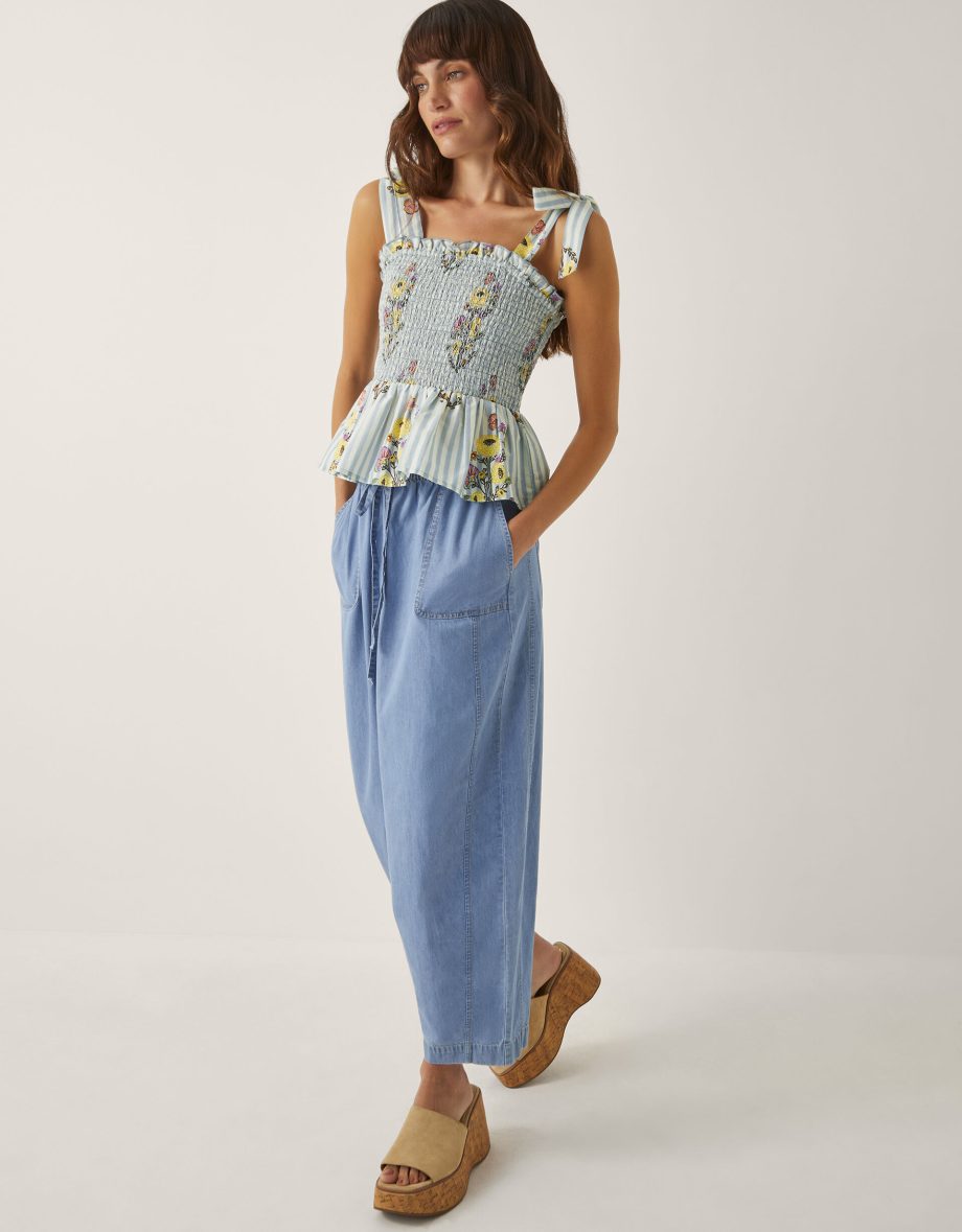 Lucille floral stripe smocked top blue