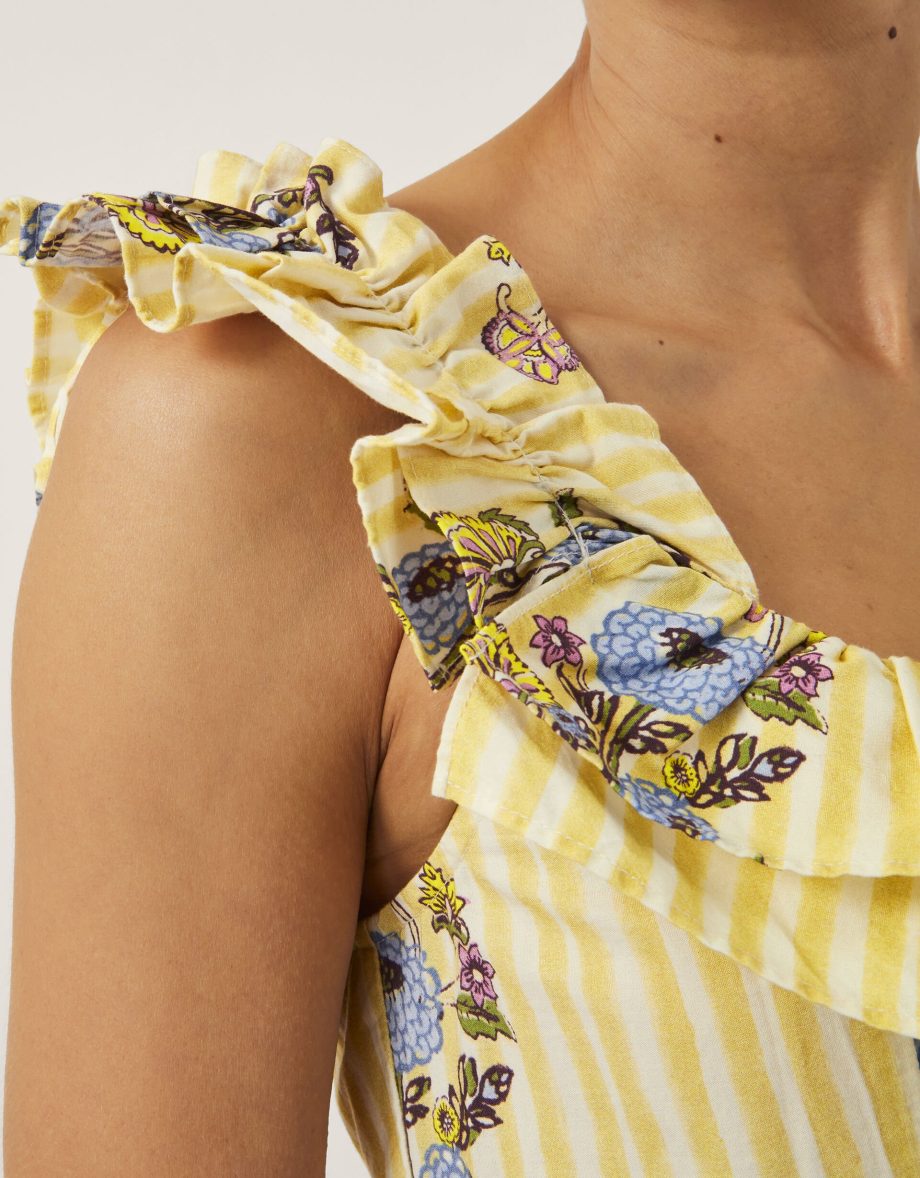 Maria Frill Floral Stripe Midi Dress Camel