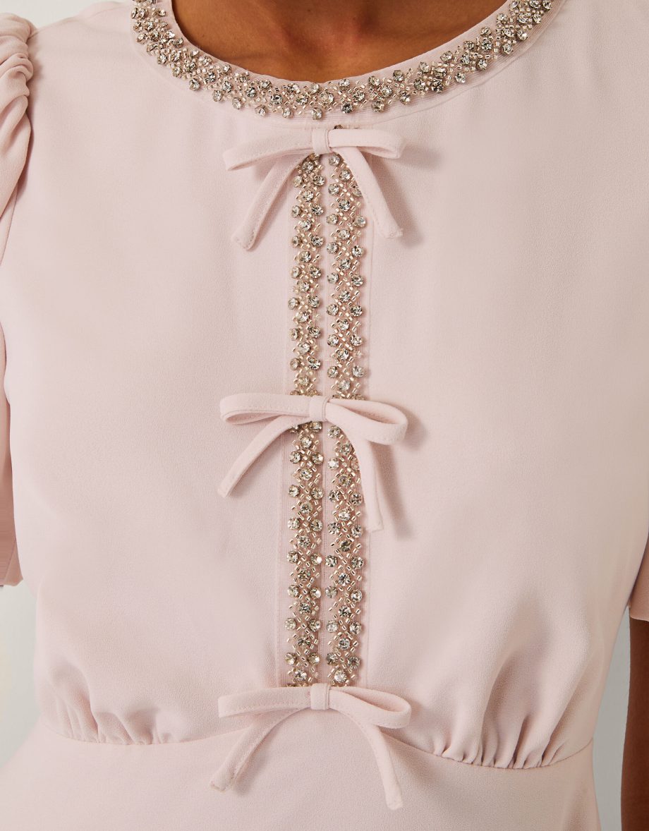 Bonnie Bow Puff Sleeve Midi Dress Pink