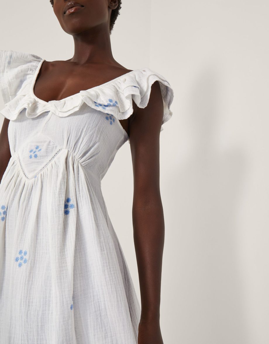 Daisy frill embroidered midi dress white