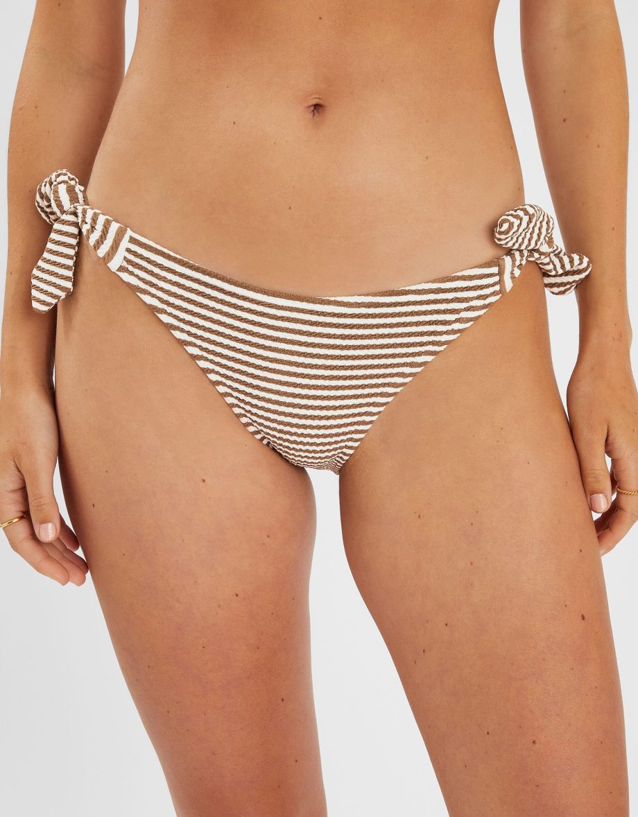 TEXTURED STRIPE TIE SIDE BIKINI BOTTOMS CAMEL