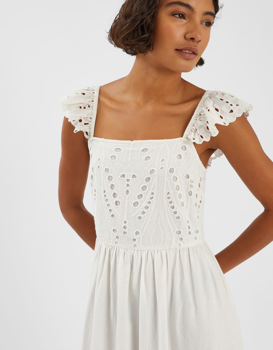 Sleeveless Frilly Broderie Maxi Dress Ivory