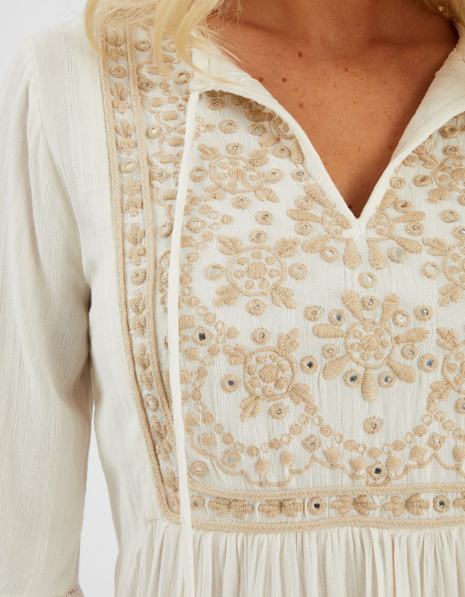 Embroidered Flute-Sleeve Mini Dress Ivory