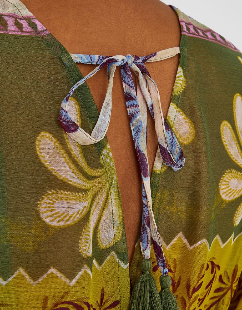 Palm Print Mini Kaftan Dress Green