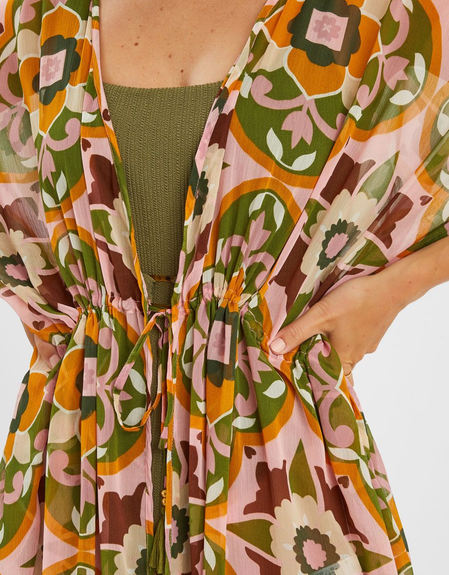 Retro Floral Chiffon Maxi Kaftan Pink