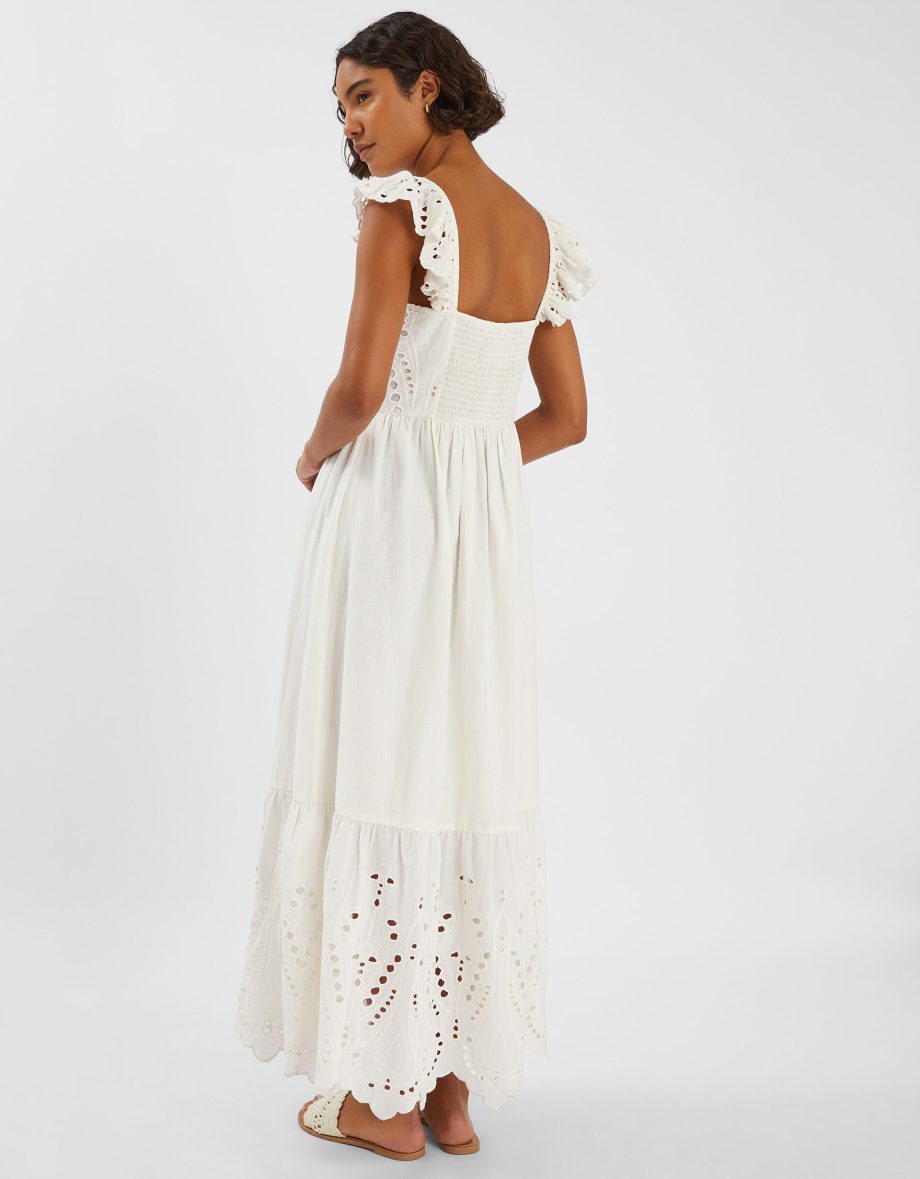 Sleeveless Frilly Broderie Maxi Dress Ivory