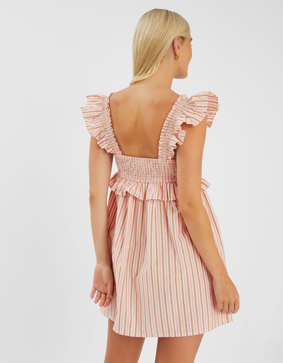 Sleeveless Stripe Frilly Mini Dress Pink