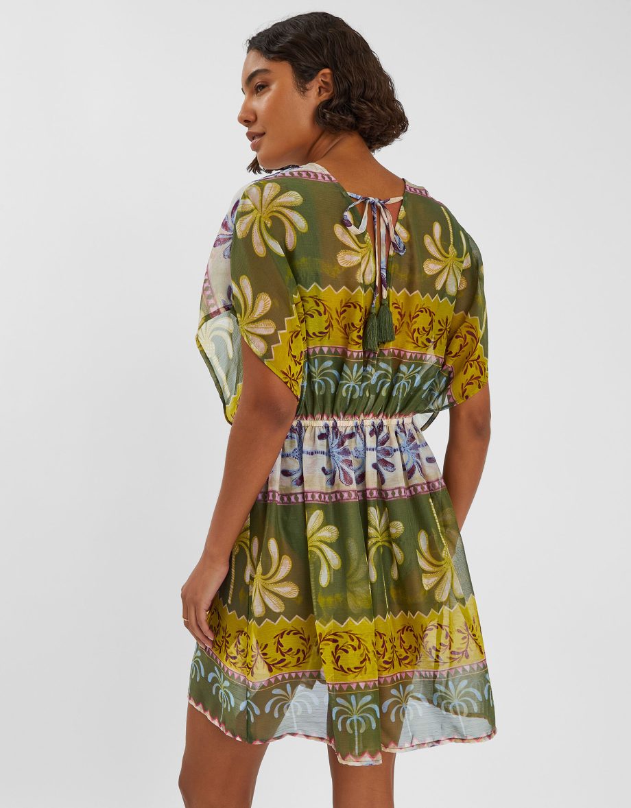 Palm Print Mini Kaftan Dress Green
