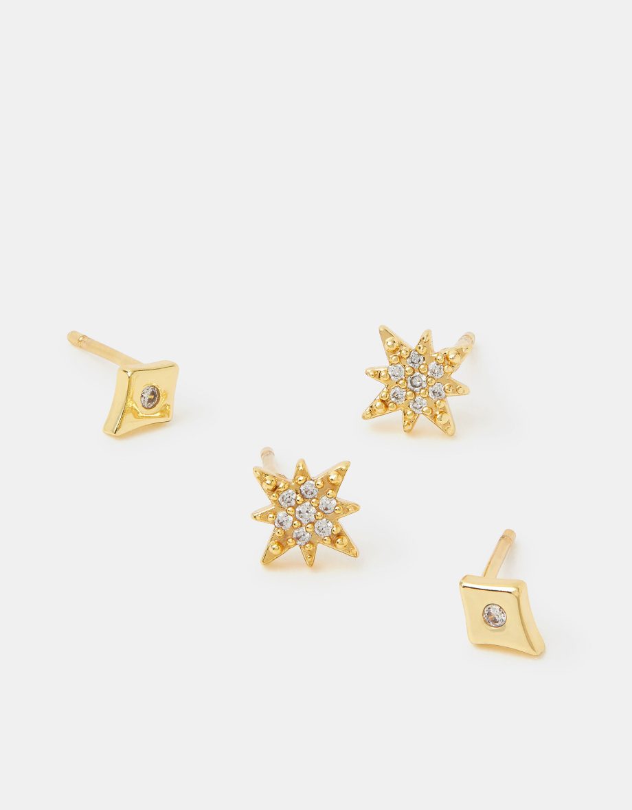 2-PACK 14CT GOLD-PLATED DIAMANTÉ STAR STUD EARRINGS