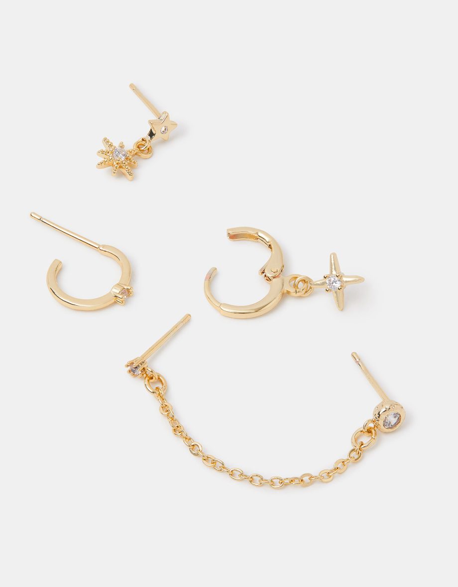 5-PACK 14CT GOLD-PLATED MIXED CHAIN STAR EARRINGS