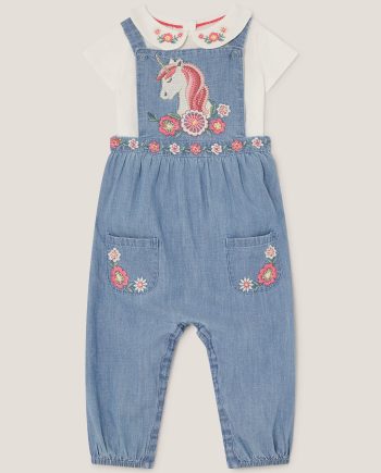 Baby t-shirt & unicorn chambray dungarees set blue