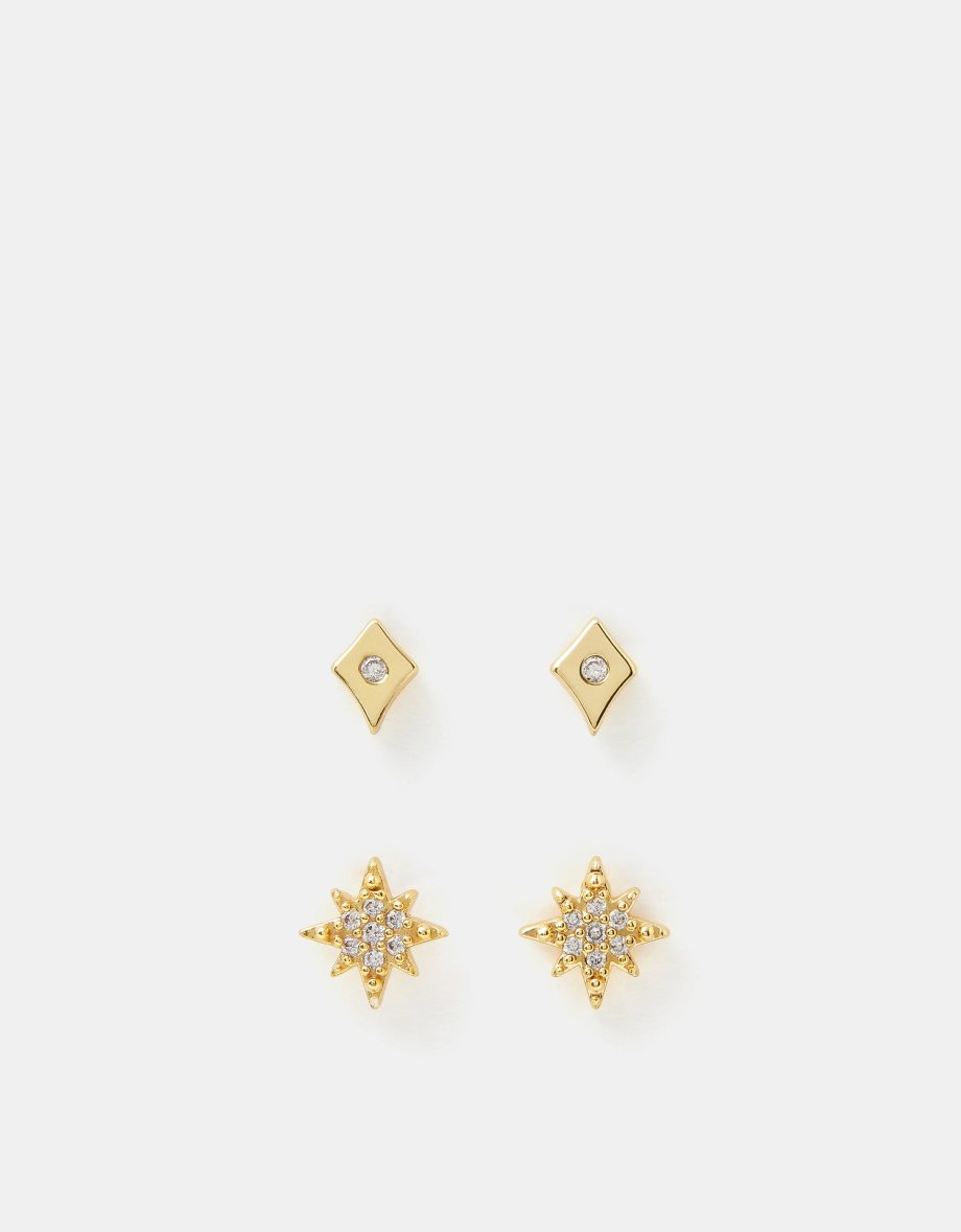 2-PACK 14CT GOLD-PLATED DIAMANTÉ STAR STUD EARRINGS