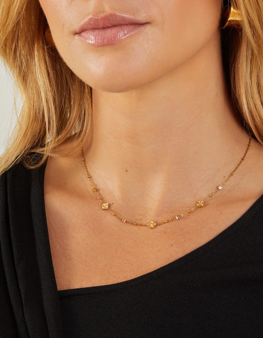 14CT GOLD-PLATED STAINLESS STEEL DIAMANTE CLOVER STATION NECKLACE