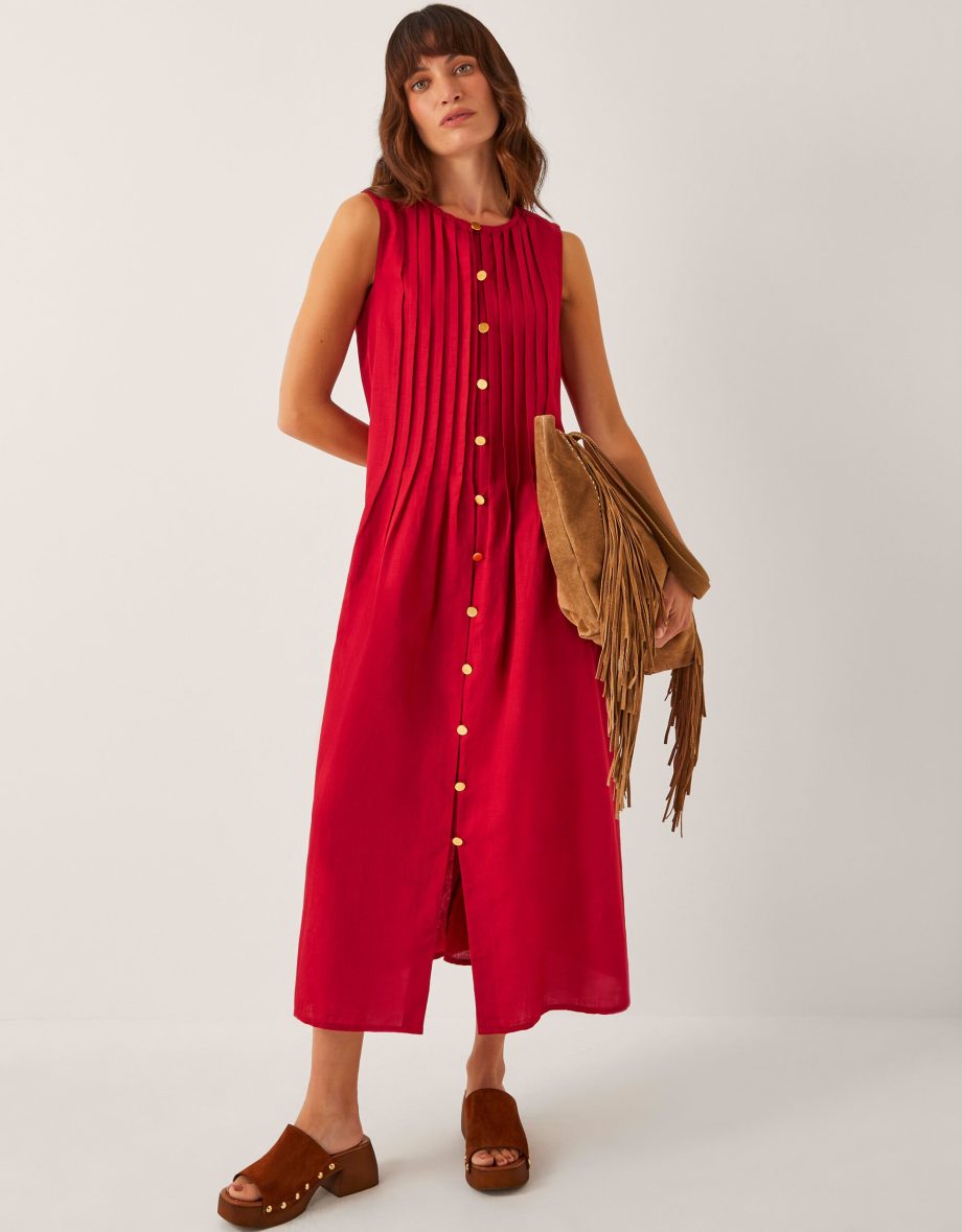 Monica Linen Blend Pleated Midi Dress Red
