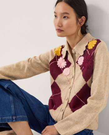 Ami Floral Argyle Collar Cardigan Natural