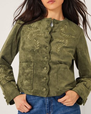Ari embroidered suedette jacket green