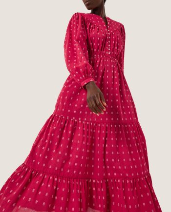 Poppy Long Sleeve Tiered Midi Dress Red