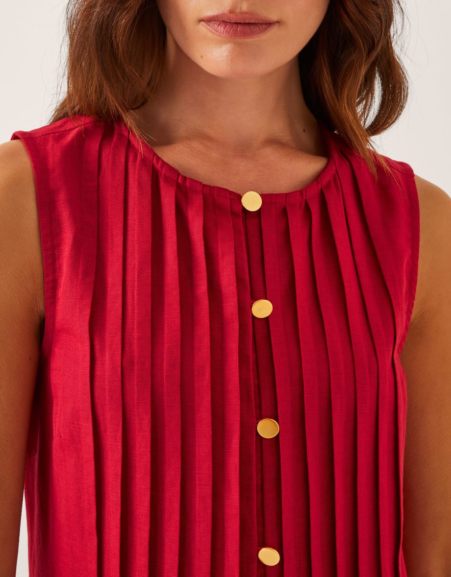 Monica Linen Blend Pleated Midi Dress Red
