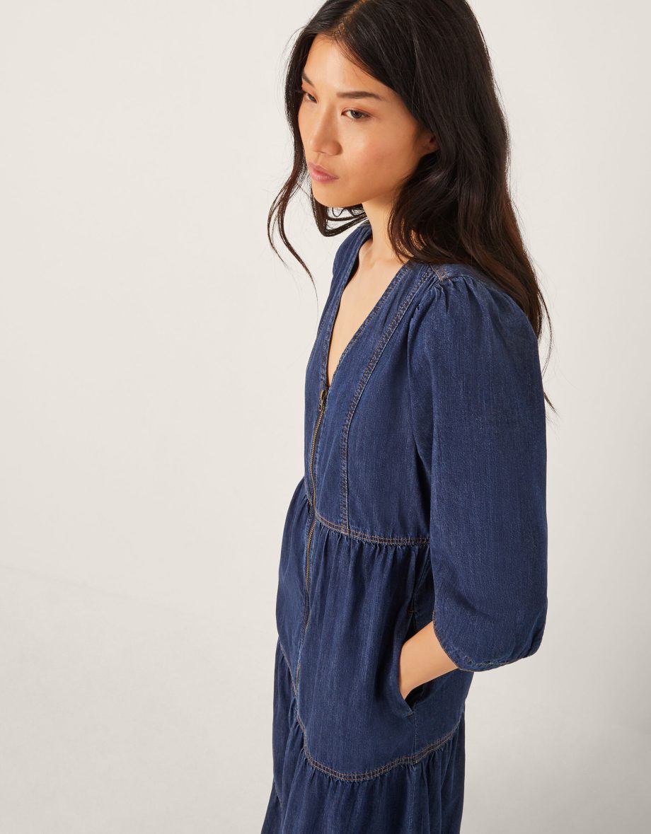 Maya Zip Denim Midi Dress Blue