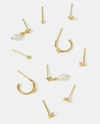 5-Pack 14ct Gold-Plated Pearl Stud & Hoop Earrings