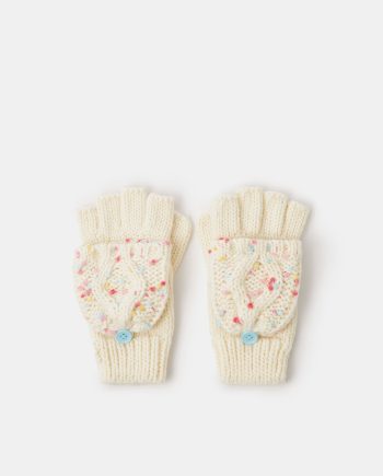Girls Speckled Fingerless Gloves with Mittens Ivory