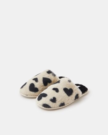 Heart Fluffy Mule Slippers Black
