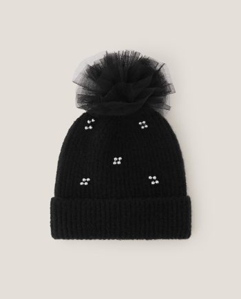 Tulle Pom-Pom Beanie Hat Black