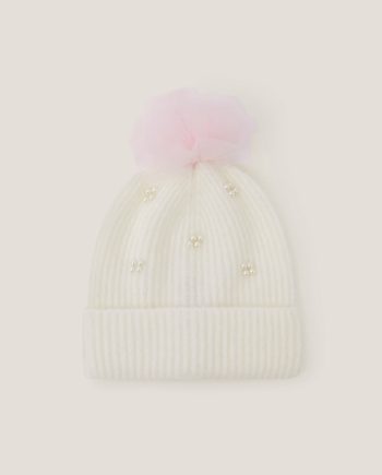 Tulle Pom-Pom Beanie Hat Ivory