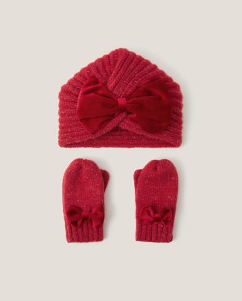 Baby bow knitted hat & mittens set red