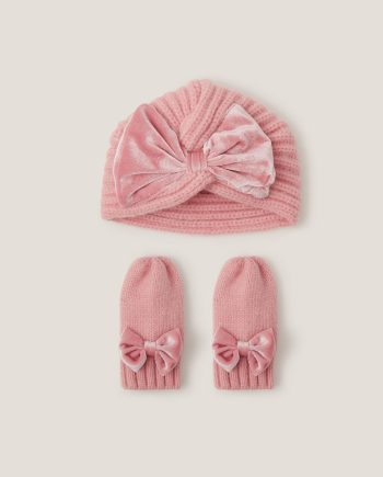 Baby Bow Knitted Hat & Mittens Set Pink