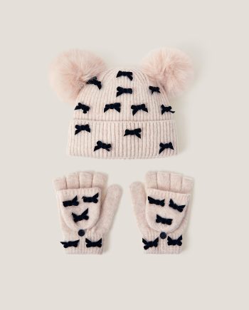 Bow bobble hat & gloves set camel